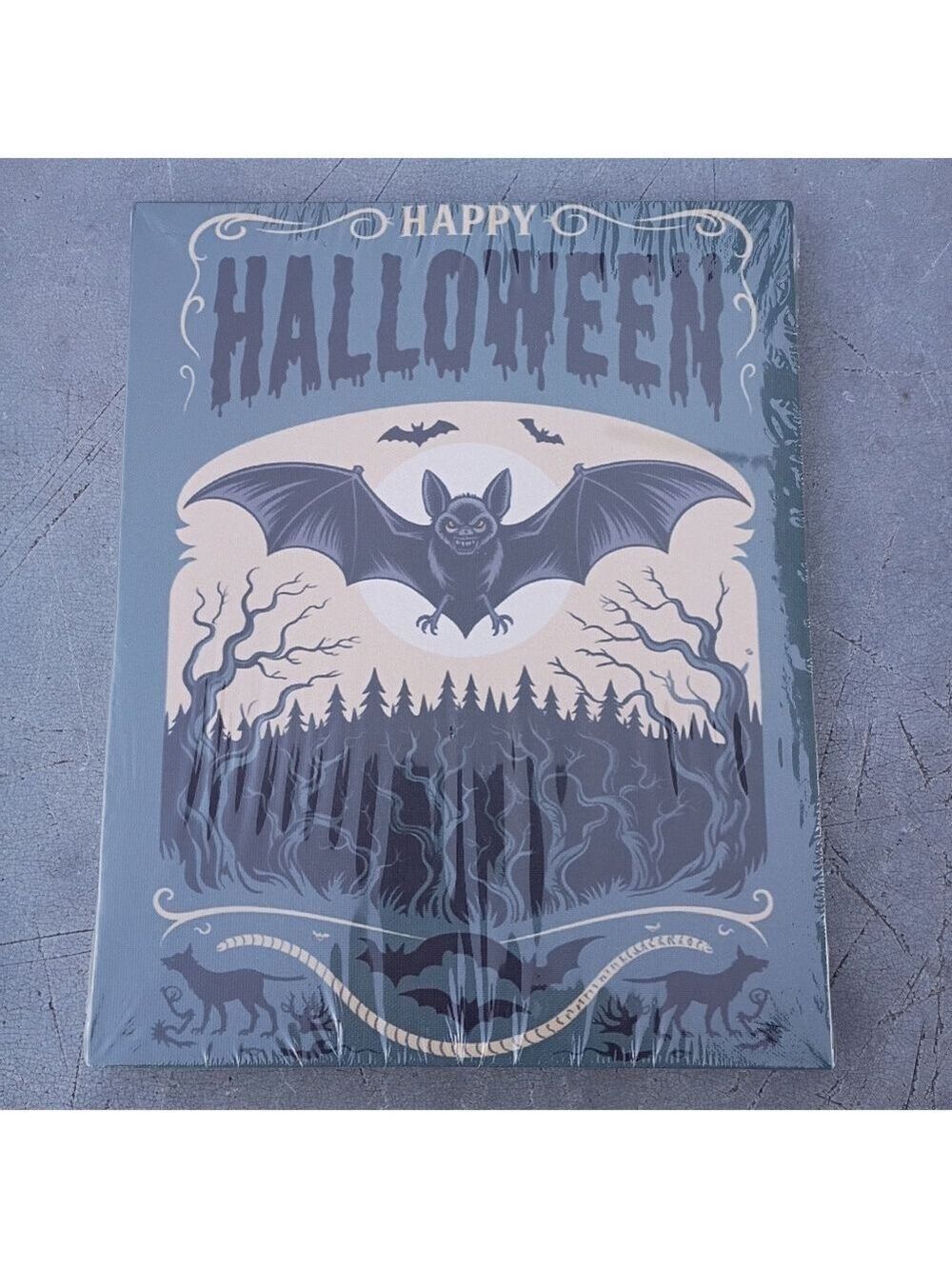2/$20 Dark Teal Happy Halloween Bats Gothic Moon Wooden Canvas Art Frame